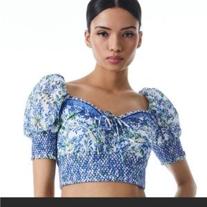 ALICE + OLIVIA Crawford Floral Cotton Crop Top Blue